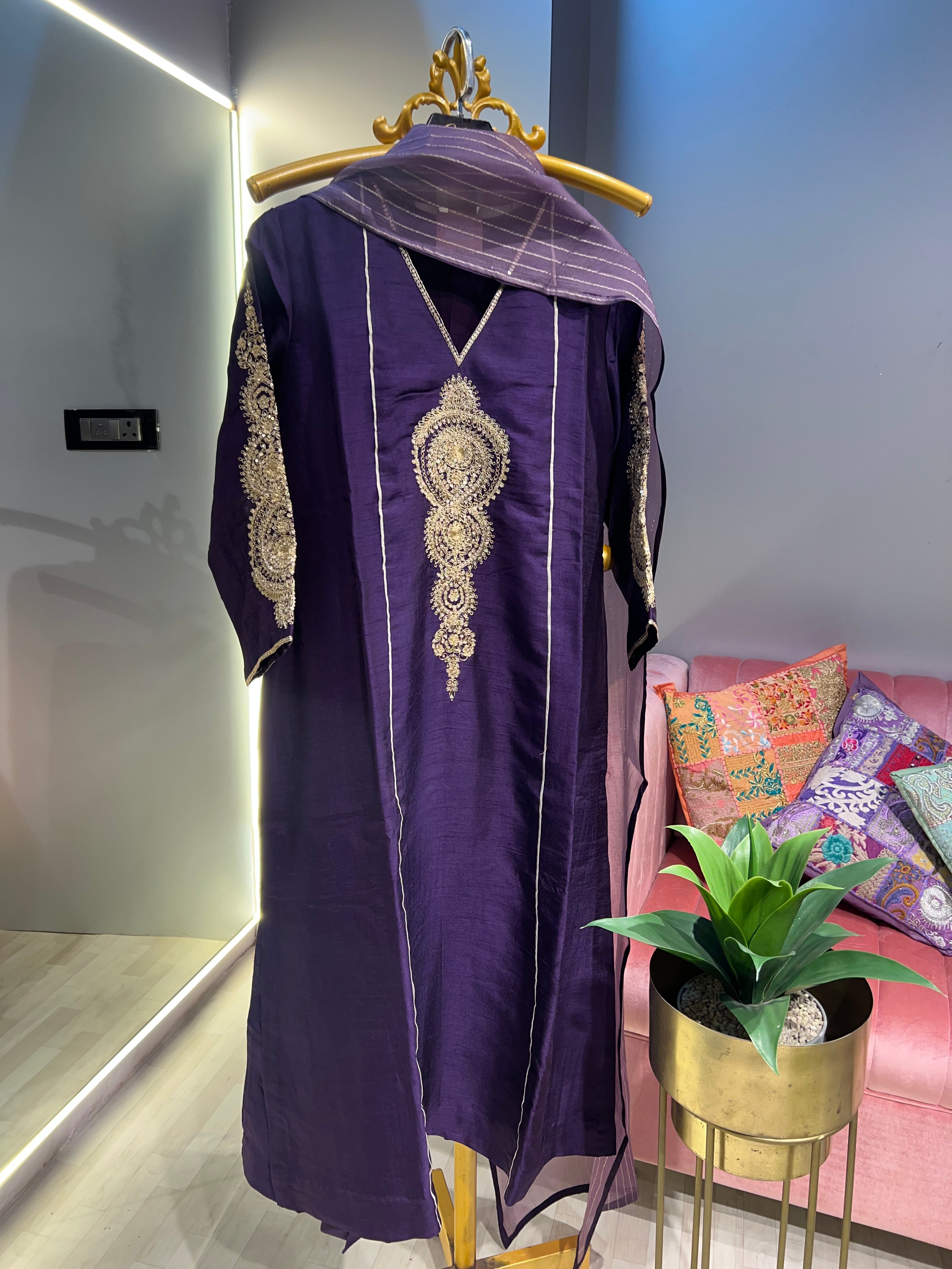 Mehndi Rayon Embroidered Kurta Set with Printed Organza Dupatta