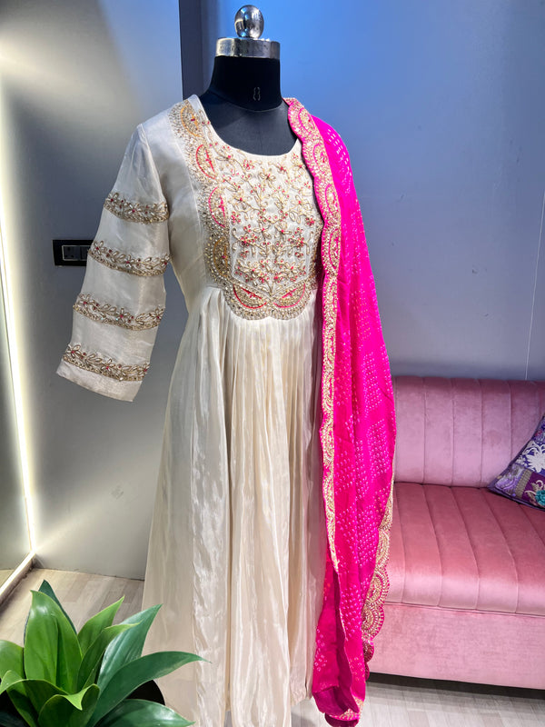 Handworked Pleated Anarkali Set with Bandhani Dupatta