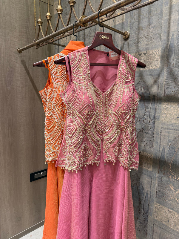 Handworked Short Top with Flared Pallazo