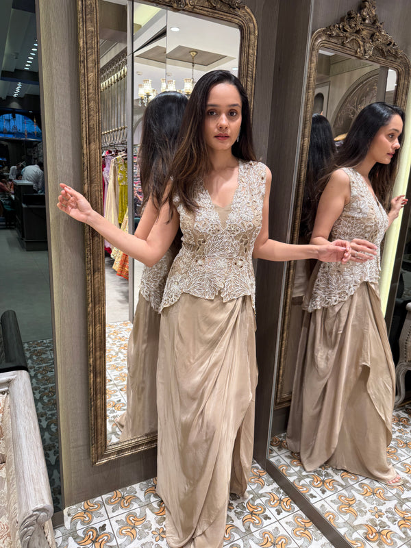 Cut Work Asymmetrical Top with Drape Skirt