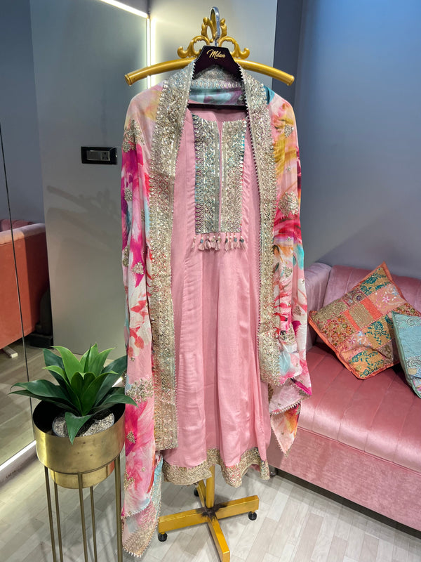 Embroidered Flared Kurta Set with Floral Dupatta