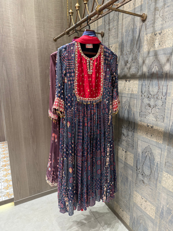 Printed Handworked Anarkali Set