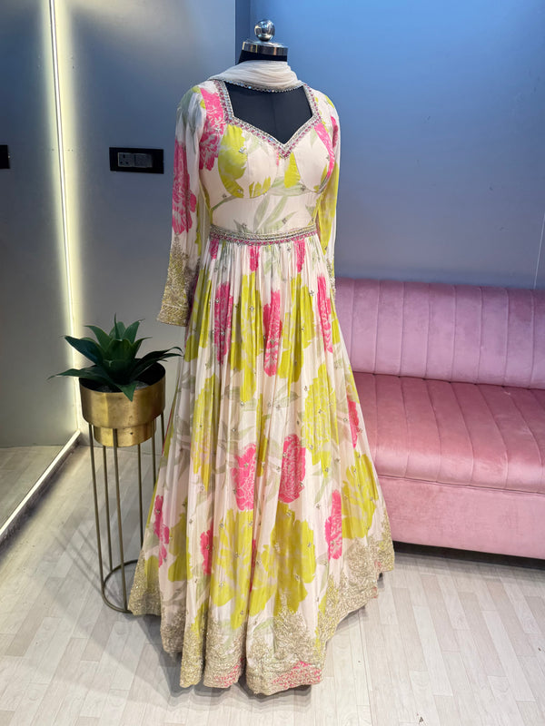 Embroidered Printed Gown