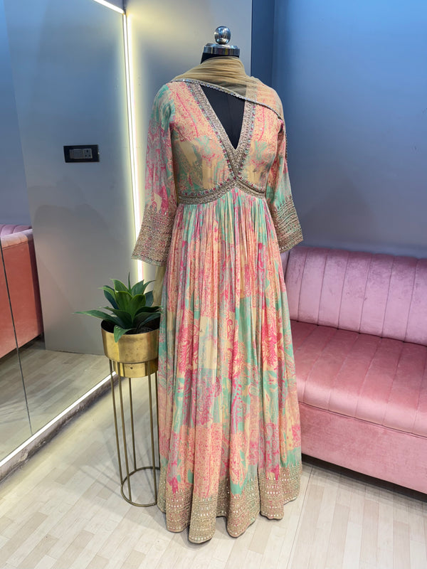 Embroidered Printed Gown